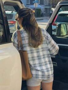 1件女士夏季格子长袖轻薄透气休闲衬衫，适合海滩、度假、日常穿着和约会。 - 白色 - 查看 3