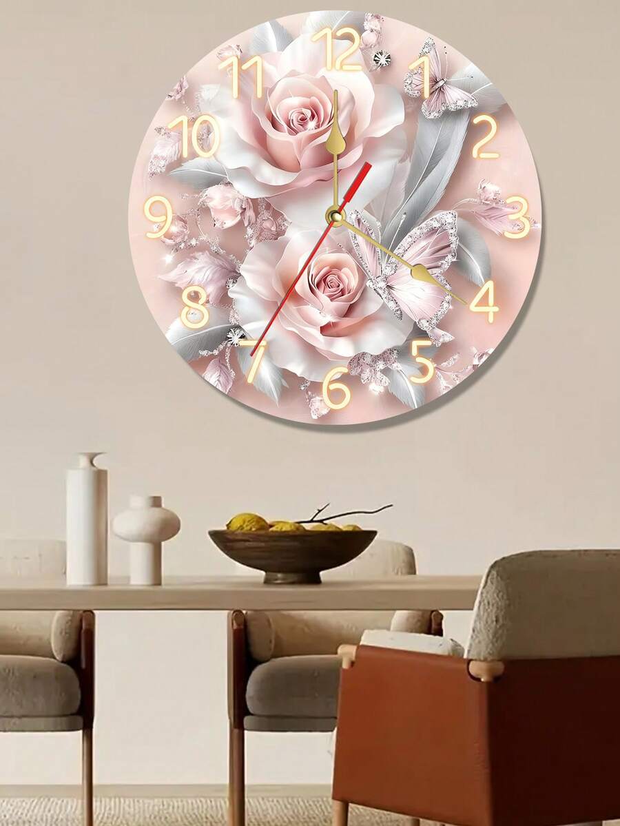 1 Peça Relógio de Parede Decorativo de Madeira Silencioso com Tema Floral, Padrão de Rosa Rosa e Borboleta, Adequado para Sala de Estar, Quarto, Quarto de Menina, Ótimo Presente de Aniversário, Funciona com Pilha (Pilha AA Não Incluída) - Multicolorido - Visão 1