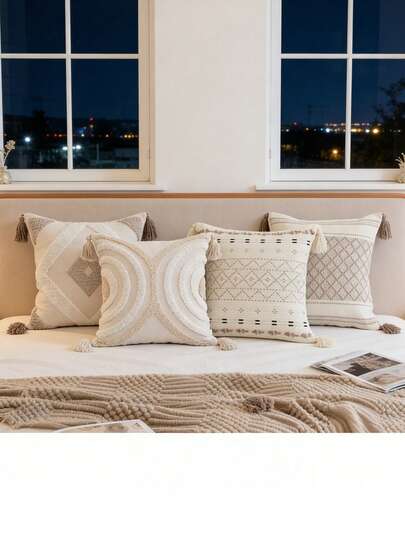 1 pieza/2 piezas Juego de Fundas de Cojín con Patrón de Rombos y Líneas Semicirculares en Gris y Blanco, Estilo Bohemio con Flecos Acolchados, Decoración Nórdica para el Hogar, Sala de Estar, Oficina, Sofá, Dormitorio, Jardín Exterior, 45*45cm, Todo el Año