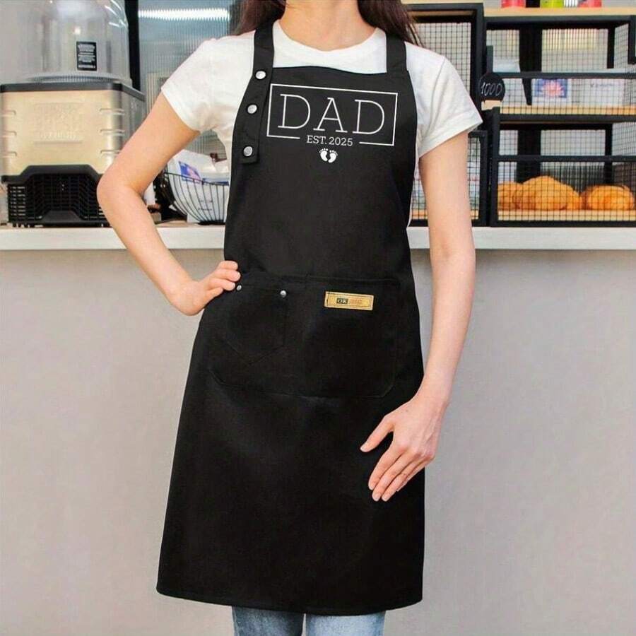 DAD EST.2025 Unisex Cooking Apron With Pockets| Polyester Fabric, Kitchen Chef Apron, With Baby Footprint Details - 均碼 - 查看 1