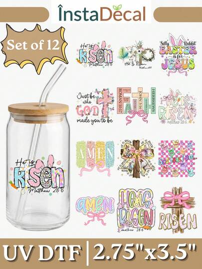 12张复活节UV DTF转印贴纸，适用于玻璃杯/杯子，尺寸2.75x3.5英寸，防水兔子和彩蛋图案，可用于DIY春季手工艺品、马克杯和汽车车窗。