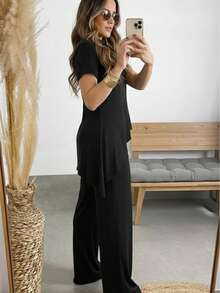 Elegant Wide-Leg Pants And Short-Sleeve T-Shirt Set - Modest Blouse - màu đen - Xem 2