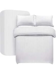 My Home Store White Double Duvet Cover Set 4 Pcs Satin Stripe Duvet Covers Soft Brushed Microfiber Bedding Set With Fitted Sheet 30 Deep & 2 Pillowcases - 赭石 - 查看 8