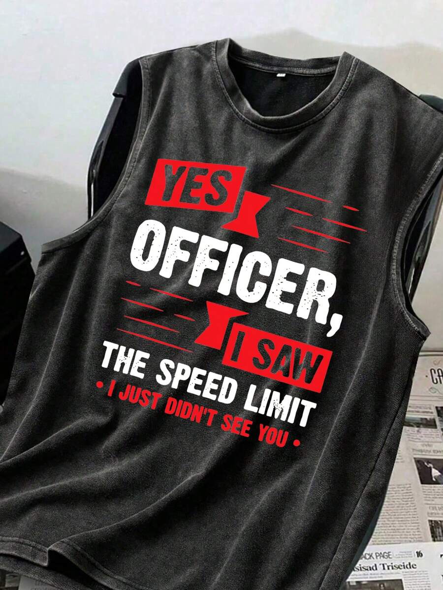 男士大码休闲无袖背心，创意英文印花，都市街头风运动周末装，春夏秋季 - 黑色 - 查看 1