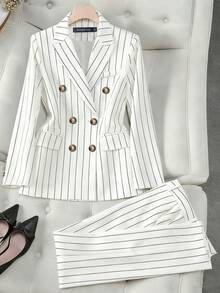 HOMEYEE Striped Fabric Retro Casual Vacation Elegant Business Professional Plus Size Suit Pants & Jacket Set Spring White - White - View 11