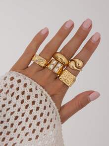 5pcs/Set Elegant Geometric Square Rhinestone Charm Metal Open Teardrop Ring Set, Luxurious Jewelry For Wedding, Party, Vacation, Daily Casual, Street Style, Women & Couples Gift - Ring - View 4