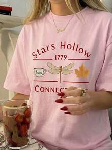 1pc Women's Summer Round Neck Short Sleeve T-Shirt, Dragonfly, Maple Leaf, Coffee Cup, English Letter Print, Elegant Street Style Loose Casual Versatile Tee - Pink - View 3
