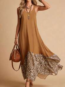 女士休闲无袖连衣裙，复古豹纹拼接吊带设计，不对称喇叭下摆，适合度假/日常穿着/夏季约会，优雅时尚 - 棕色 - 查看 4