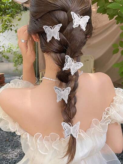 5 piezas Elegantes Clips para el cabello con mariposas 3D de perla blanca exquisita, adecuados para uso diario, festivales, bodas, fiestas, decoración de vacaciones de primavera/verano