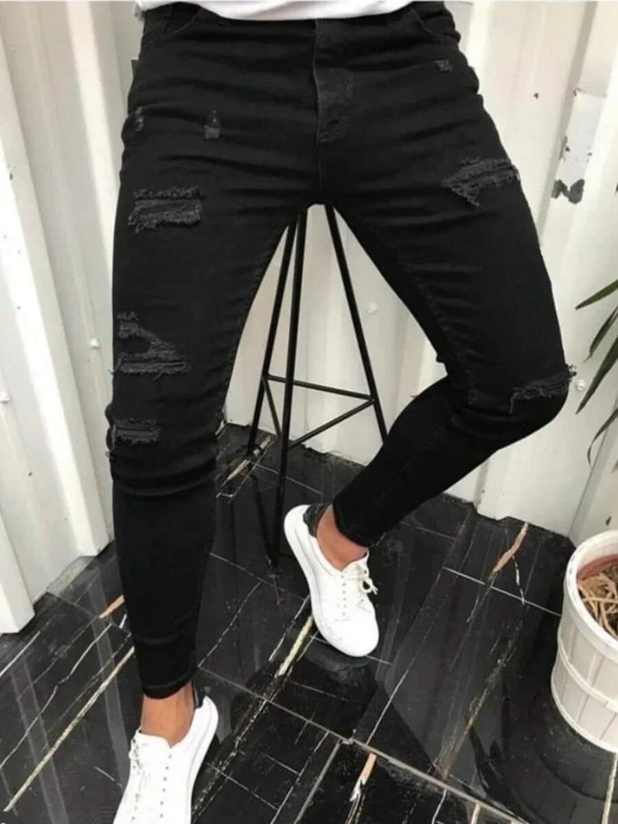 Men Skinny Distressed Denim Jeans With Stretch - Black - View 1