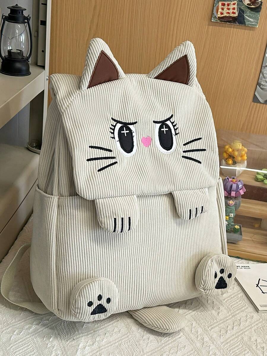 1个简约大容量可爱卡通猫咪背包，多口袋设计，适合外出、旅行、购物、度假 - 米色 - 查看 1