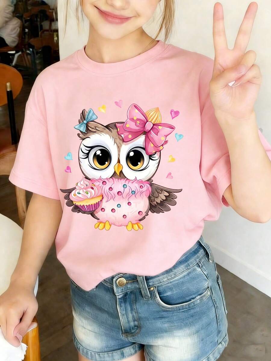 Tween Girls' Casual Graphic Print Crew Neck Short Sleeve T-Shirt, Summer Top - Pink - View 1