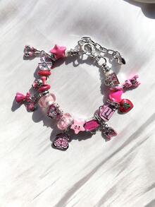1pc Pink Charm Bracelet, Bag Bracelet, Star Girl Bracelet, Pink Star Bag Bracelet, Fashionable Street Style Star Bracelet - Silver - View 2