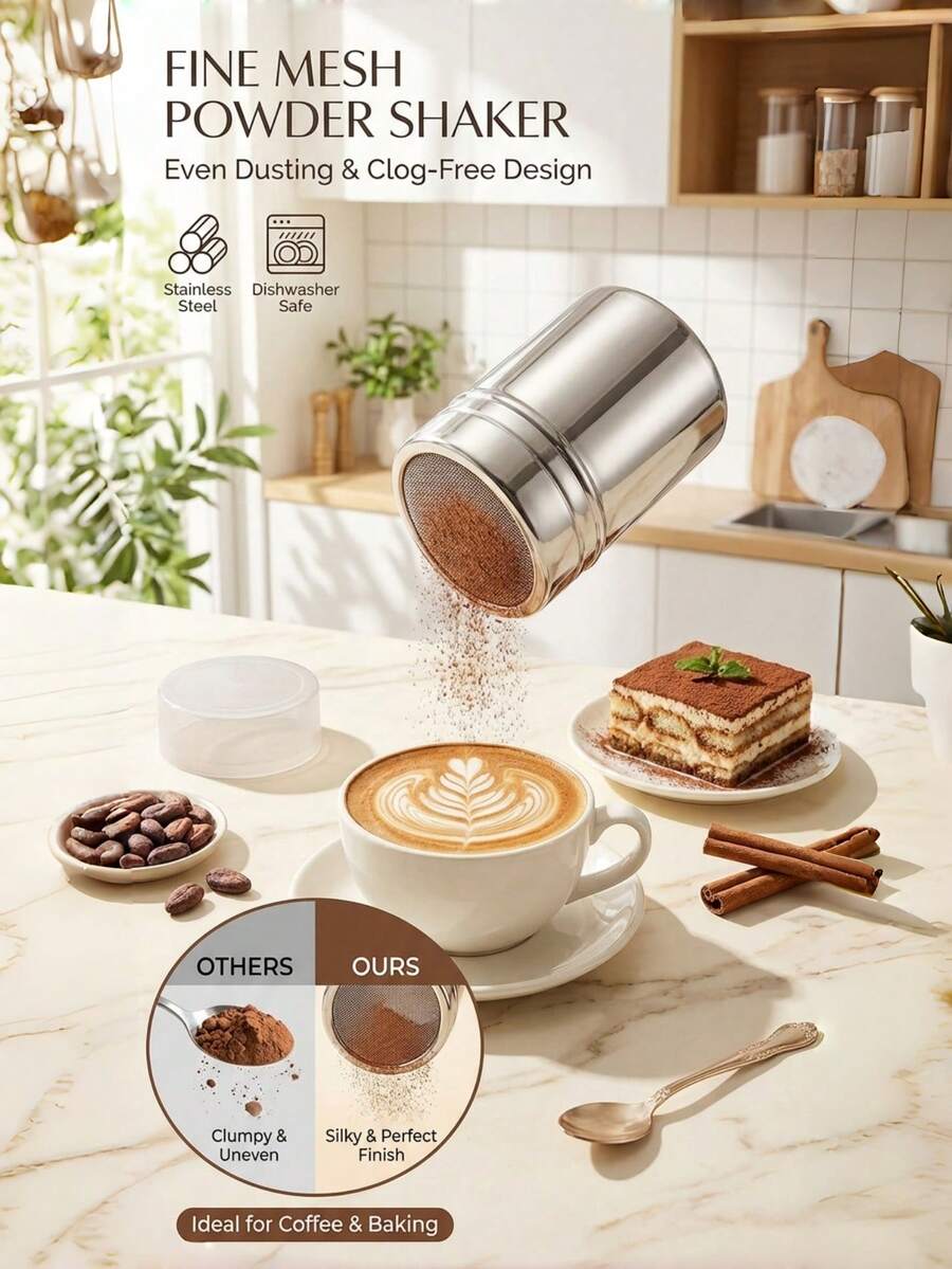 1个高品质不锈钢筛子，带盖，适用于糖、面粉、可可粉、小苏打等，家用和商用厨房均可使用。