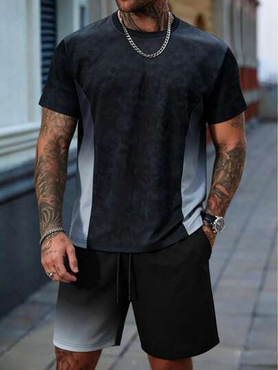 男士运动户外短袖T恤短裤套装，时尚休闲通勤健身运动短裤T恤套装 黑色