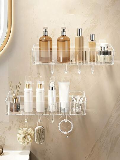 免钻孔亚克力浴室置物架带挂钩 – 壁挂式透明储物架，适用于收纳洗漱用品，是浴室和梳妆台的理想之选