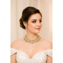 Jewelry Sets For Women Temple Necklace Set Kundan Polki Wedding Gre1en Faux Emerald Pearl Bollywood Style Antique Gold Artificial Bridal Desi Traditional  Accessories - D650Gre1en&Pearl - 查看 3