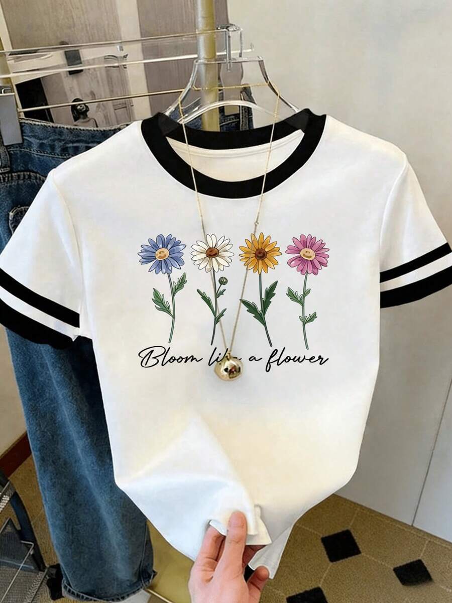 Camiseta de verano para mujer de estilo retro, de corte holgado y estampado completo, con un diseño de margaritas retro, diseño en colores contrastantes y cuello redondo - Blanco - Ver 1