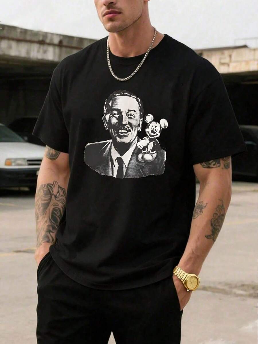 Men's Disney Casual T-Shirt, Walt Disney & Mickey Mouse Print, Vintage Black & White Design, Comfortable Soft Fabric, Perfect For Disney History Fans - Black - View 1