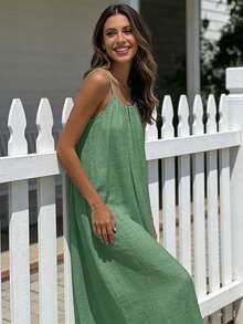 Women's Sexy Backless Solid Color Spaghetti Strap Maxi Dress, Loose Sleeveless Empire Style Dress, 2026 Summer New Arrival - 淺綠 - 查看 3