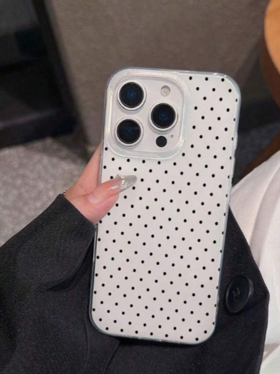 黑色波点大孔白色背景IMD双层透明手机壳，适用于苹果17 Air 16 15 14 13 12 Pro Max/17 16 15 14 Plus 13 12 11 Pro手机，软边硬背保护壳，防摔耐磨，男女通用 - 白色 - 查看 1