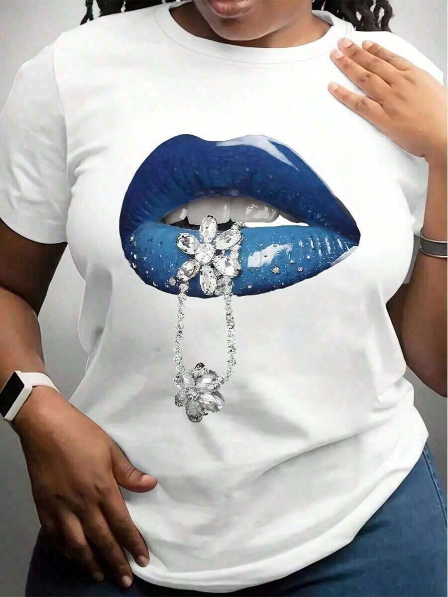 1pc Women'S Plus Size Black T-Shirt With Blue Lips & Diamond-Studded Chain Print - Casual Crew Neck, Short Sleeve, Micro Stretch Fabric, Perfect For Summer Wear, Plus Size Blouse 1Comfortable Cotton T-Shirt - 白色 - 查看 1