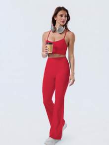 Coral Canton Women's Tight-Fitting Dancing Flared Yoga Sports Pants Legging High Waist Stretch Casual Soft Straight Leg Bottoms - 新年紅 - 查看 5