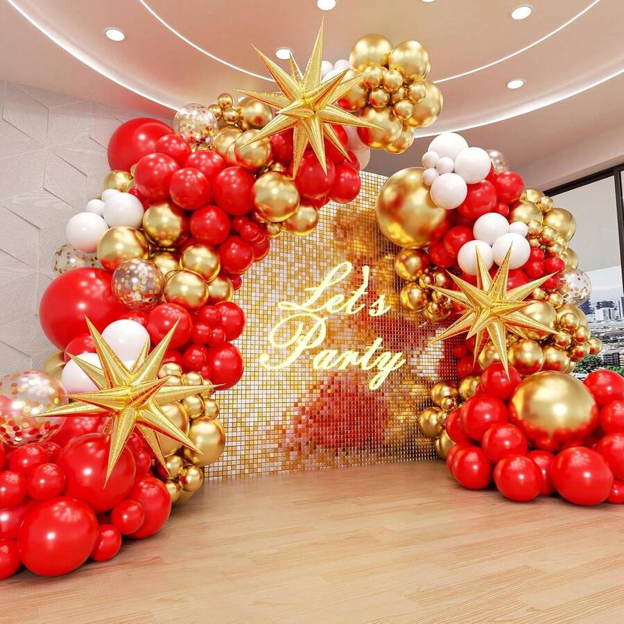 132pcs Red And Gold Balloon Arch Kit, Red And Gold Balloons With 22inch Foil Balloons Gold Confetti White Latex Balloons For Wedding Valentine's Day Engagement Anniversary Birthday Party Decorations - 紅金 - 查看 1