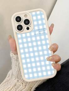 Fashionable, Popular, Personalized, Light Blue Gingham Plaid With Travel English Slogan Print Pattern Design Theme Luxury Shockproof Aesthetic Cute Phone Case, Soft-Touch Ultimate Grip, Waterproof , Dirt-Resistant, Bumper Cover With Camera Protection , Compatible With IPhone 17/17Pro/17Pro Max - White - View 2