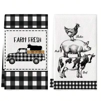 2pcs Farm Animal Kitchen Towels, Buffalo Plaid Kitchen Towels, Super Absorbent Kitchen Dish Cloths, Dish Drying Rags, Cleaning Cloths, Soft & Durable Material, Machine Washable, Multipurpose Holiday Decor, Birthday Gifts For Family & Friends, Suitable For Cooking, Baking, Cleaning, Bathroom, Tabletop Decor - Perfect Home Decor Choice.