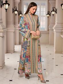 中东新款时尚V领复古图案女式长袍 - 彩色 - 查看 5