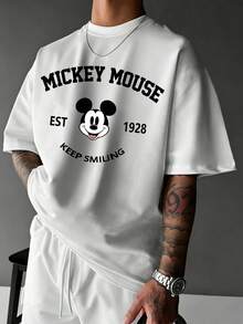Disney 2026新款米奇印花男士休闲短袖T恤，弹力家居服，也可户外穿着 - 白色 - 查看 1