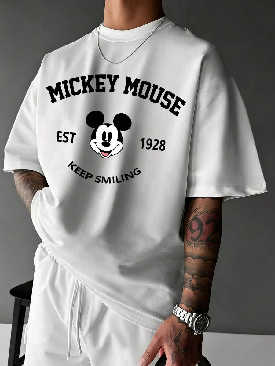 Disney 2026新款米奇印花男士休闲短袖T恤，弹力家居服，也可户外穿着 - 白色 - 查看 1