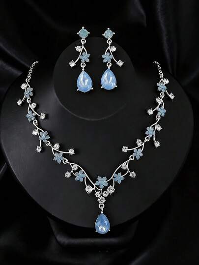 Bridal Fashion Accessory Set, Vintage Crystal Flower Necklace And Earrings, Suitable For Bride, Bridesmaid, Wedding, Evening Gown, Dance