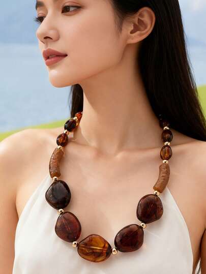 Collar de cuentas de malaquita de color ámbar vintage, collar gargantilla de alta gama para mujeres, al por mayor