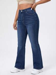 Jeans acampanados de talle alto de talla grande, pantalones vaqueros de lavado oscuro con estiramiento vintage, amigables para curvas - Azul - Ver 3