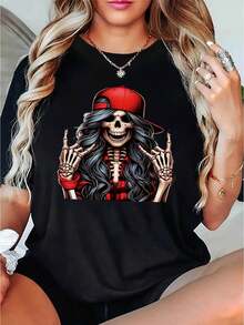 [Skull Print Casual Tee] Rock Skull Print T-Shirt - Casual Crew Neck Polyester Blend - Medium Stretch Geometric Pattern Knit Fabric for Summer Tee - Noir - Voir 1