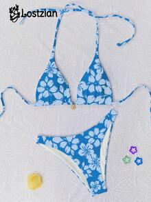 女士优雅碎花比基尼套装，蓝色，适合圣诞节、情人节、狂欢节、海滩装扮、女士泳装、夏季服装、碎花上衣、海滩度假、泳池派对、两件套、女士夏季套装 - 藍色底 - 查看 2