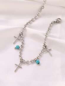 1pc Stainless Steel Cross Pendant Bracelet For Women Fashion Turquoise Charms Beads Chain Bracelets Waterproof Jewelry - Bracelet - View 3