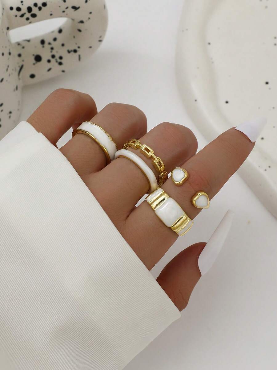 Bộ 4 chiếc nhẫn dây xích hình học đa năng thời trang, kiểu dáng cổ điển với họa tiết men sứ, hình trái tim và hình vuông dành cho nữ. - Vàng - Xem 1