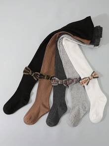 5 piezas Leggings/Mallas de niña con rayas verticales sólidas y decoración de lazo estilo retro, aptos para primavera, otoño y todas las estaciones - Multicolor - Ver 6