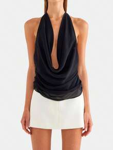 2026 Halter Tops For Women Going Out Tops Summer Cowl Neck Draped Front Backless Top Basic Vacation Clothes Crop Vest Tops - Black - View 4