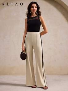 Aliao High-End Black Double Stripes On The Sides Wide-Leg Pants, Vacation Outfits ,Business Casual Woman, Modest, Wedding Season, Valentine's Day Outfit, Old Money Style, Court Style, New Year Outfit - Apricot - View 8