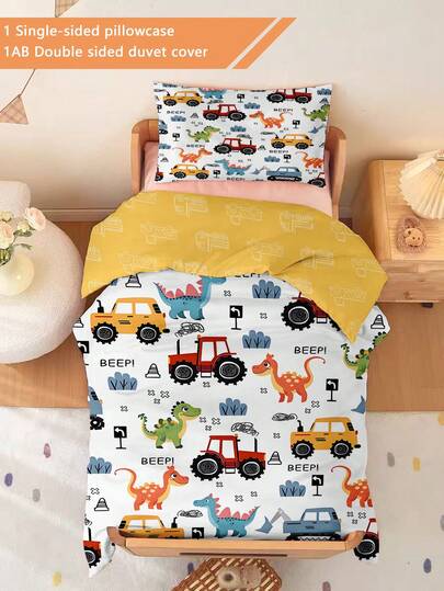 2PCS Crib Bedding Set Dinosaurs And Engineering Vehicles Duvet Set (Spring/Summer Collection) Doublesided Duvet Cover Set For Kids Teens Boys Girls All Seasons With Zipper Closure (1 Single-Sided Printed Pillowcase + 1 Double-Sided Printed Duvet Cover, No Filling Material) The Pillowcase Is Single-Sided Printed And Measures 40x60cm 100% Polyester