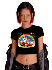 180g Charming Fox Rainbow Short Women's T-Shirt Gothic Retro Holiday Party Top Perfect Gift For Family Gatherings And Girlfriends Unique Y2K Street Style Summer Celebration Fashion - 黑色 - 查看 8