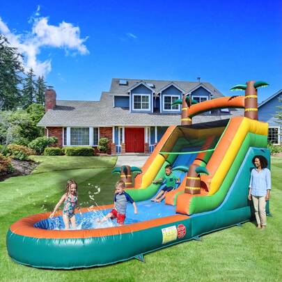 21Ft(L) Summer Fun Inflatable Water Slide, 0.45mm Commercial-Grade PVC Outdoors Inflatable Bounce House For Kids & Adults (21 X 9 X 12Ft), High-Speed Blower, 6Ft(H) Slide And Attached Pool, Dry Wet Use, Yellow Inflatable Pool, Perfect For Family Party