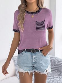 Women's Summer Color Block Striped Knit Top Short Sleeve Round Neck Pocket Beach Vacation Pullover - 紫色 - 查看 3