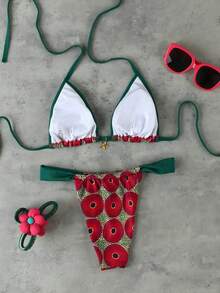 Bộ bikini kiểu dáng Bohemian cổ điển mới, phối màu tương phản, thêu họa tiết, kiểu cổ yếm, thích hợp cho đi biển, dự tiệc, kỳ nghỉ, gợi cảm, thanh lịch, thường ngày, có dây buộc ngực, thích hợp cho mùa xuân/hè. - Nhiều màu - Xem 3