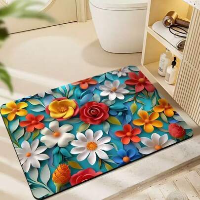 柔软门垫，花卉草莓图案门垫，聚酯纤维材质，柔软防滑，装饰性地垫，适用于厨房、客厅和卧室等室内入口处。