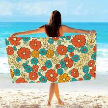 1pc Retro Orange & Blue Floral Microfiber Beach Towel, 360g 30x59inch, Durable & Soft Picnic & Summer Fun, High-End Grade - 30*59inch - View 4